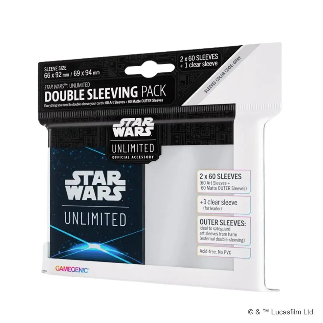 Star Wars: Unlimited double sleeving pack featuring the Star Wars: Unlimited card back on a blue and white background