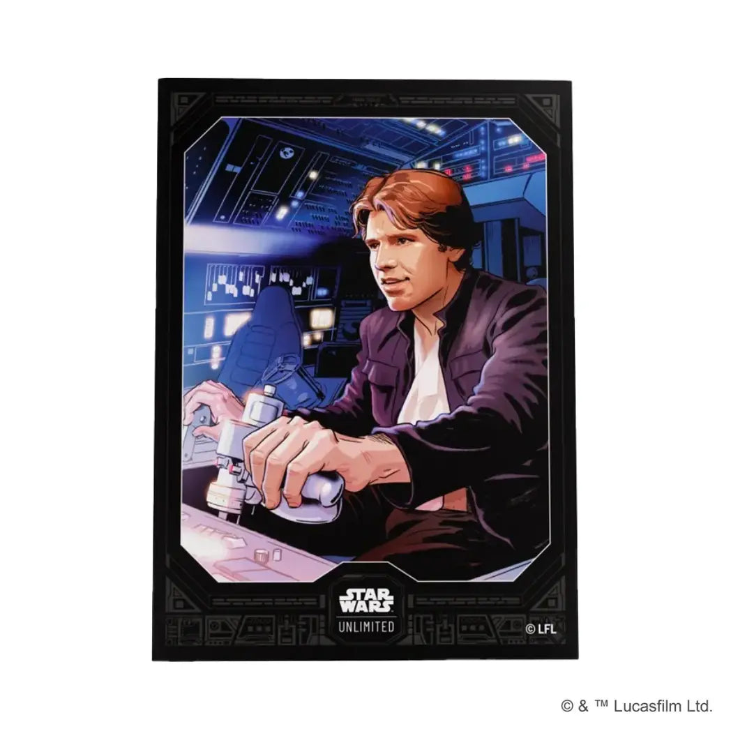 Star Wars: Unlimited art sleeve featuring Han Solo in a cockpit on a blue and black background