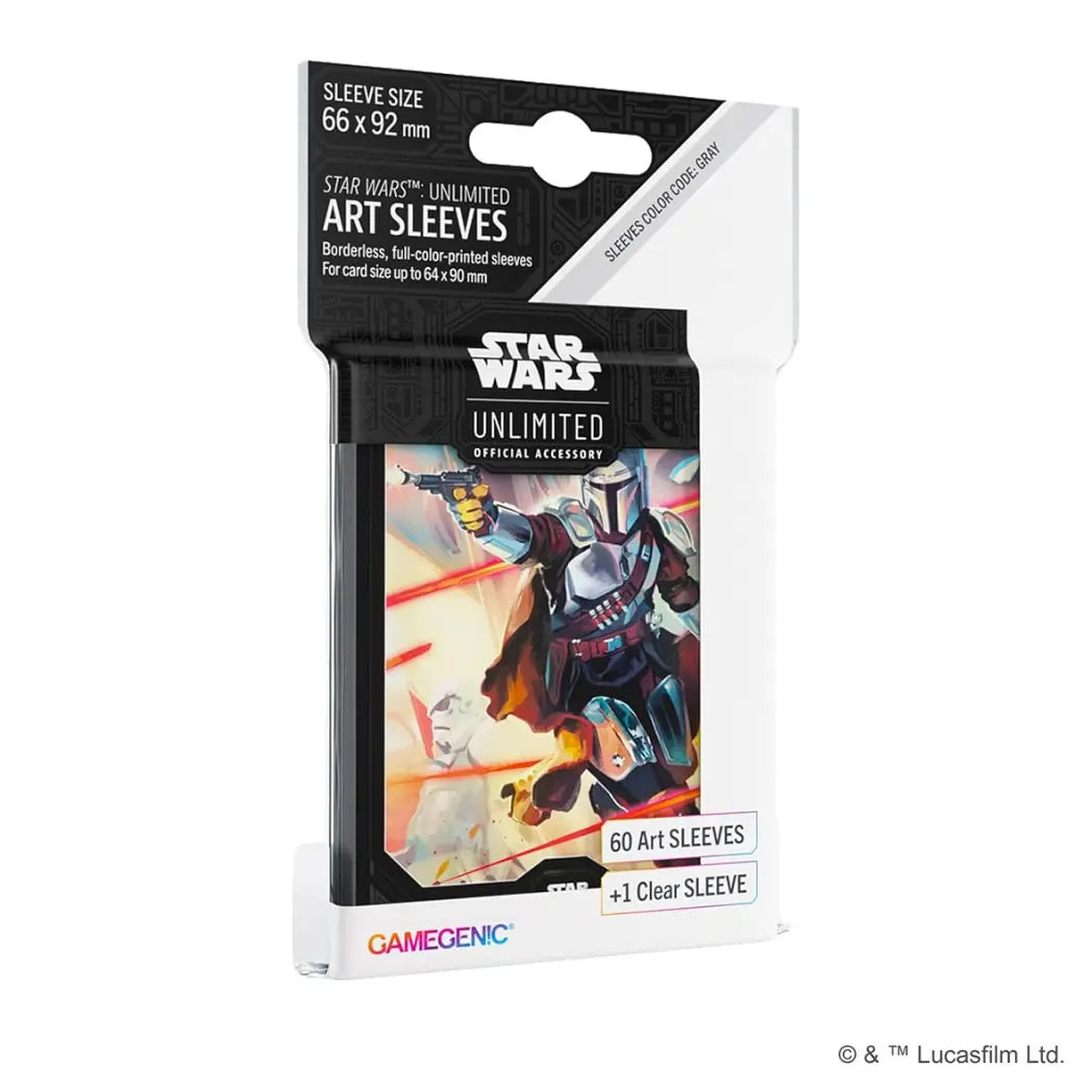 The mandalorian art sleeves. Din Djarin fires a blaster against a light tan background with red laser streaks.