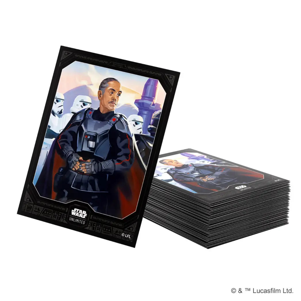 Moff Gideon card sleeve leaning against a stack, featuring Stormtroopers on a purple and orange background.