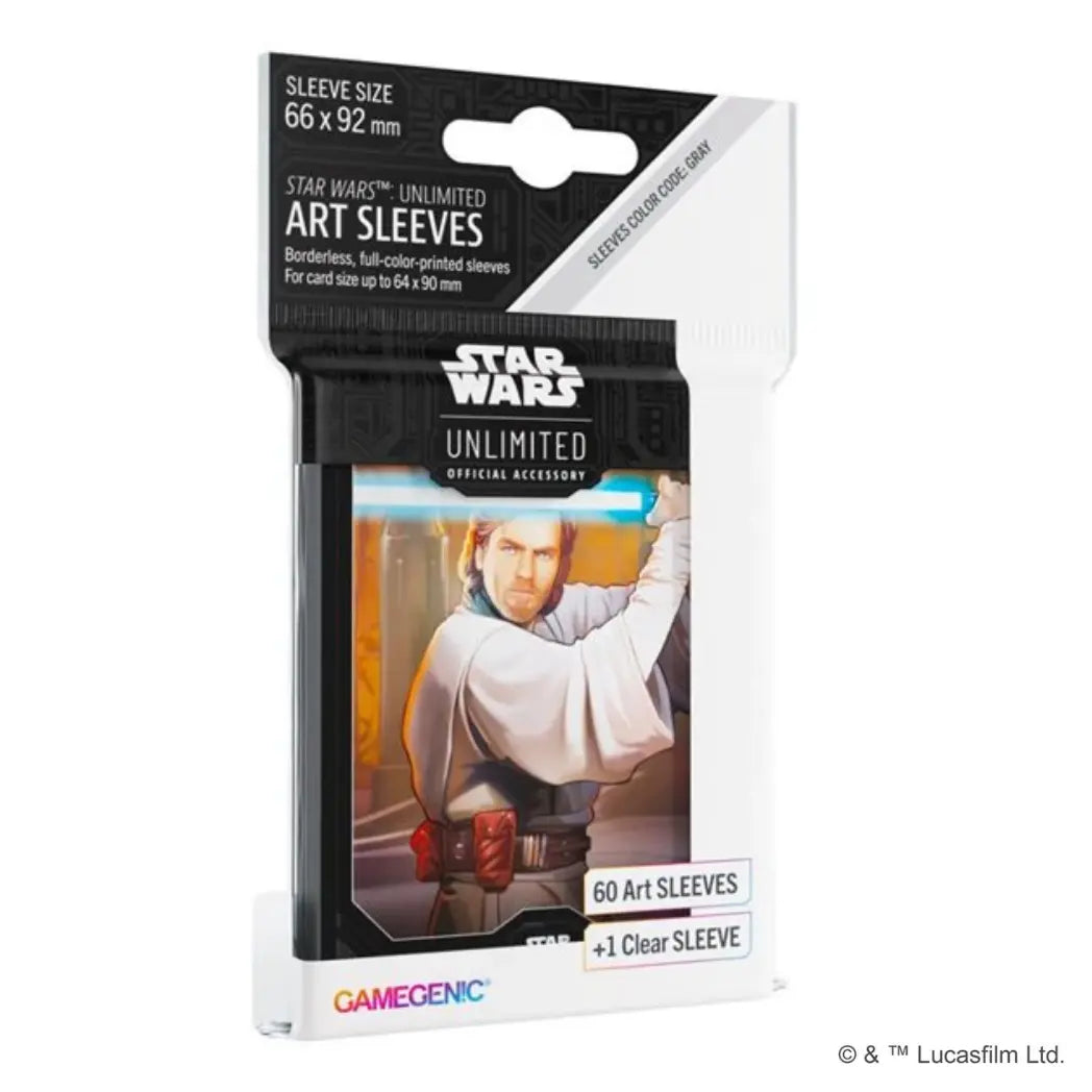 Star Wars: Unlimited art sleeves featuring Obi-Wan Kenobi on a tan and gray background