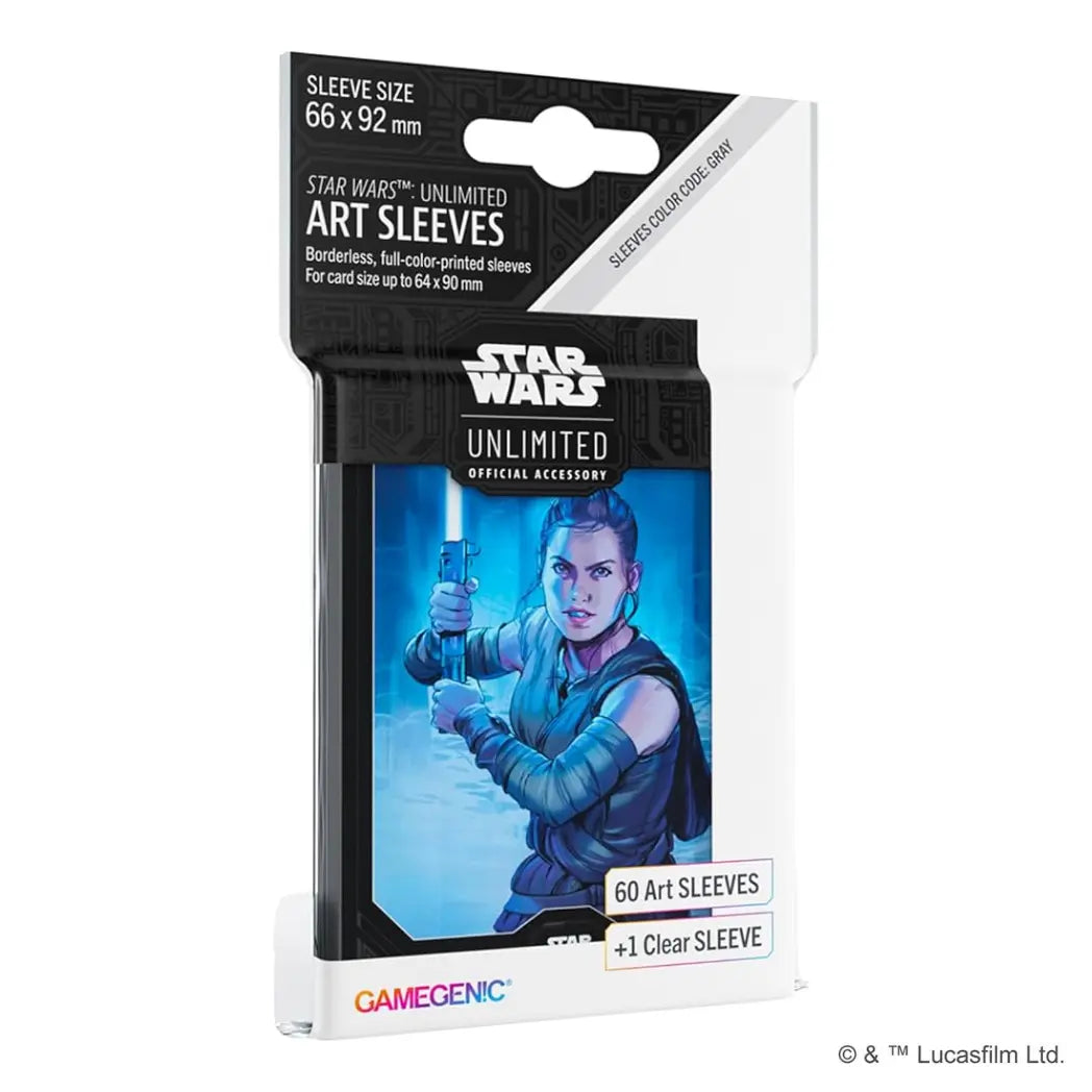Star Wars: Unlimited art sleeves featuring Rey on a blue glowing background