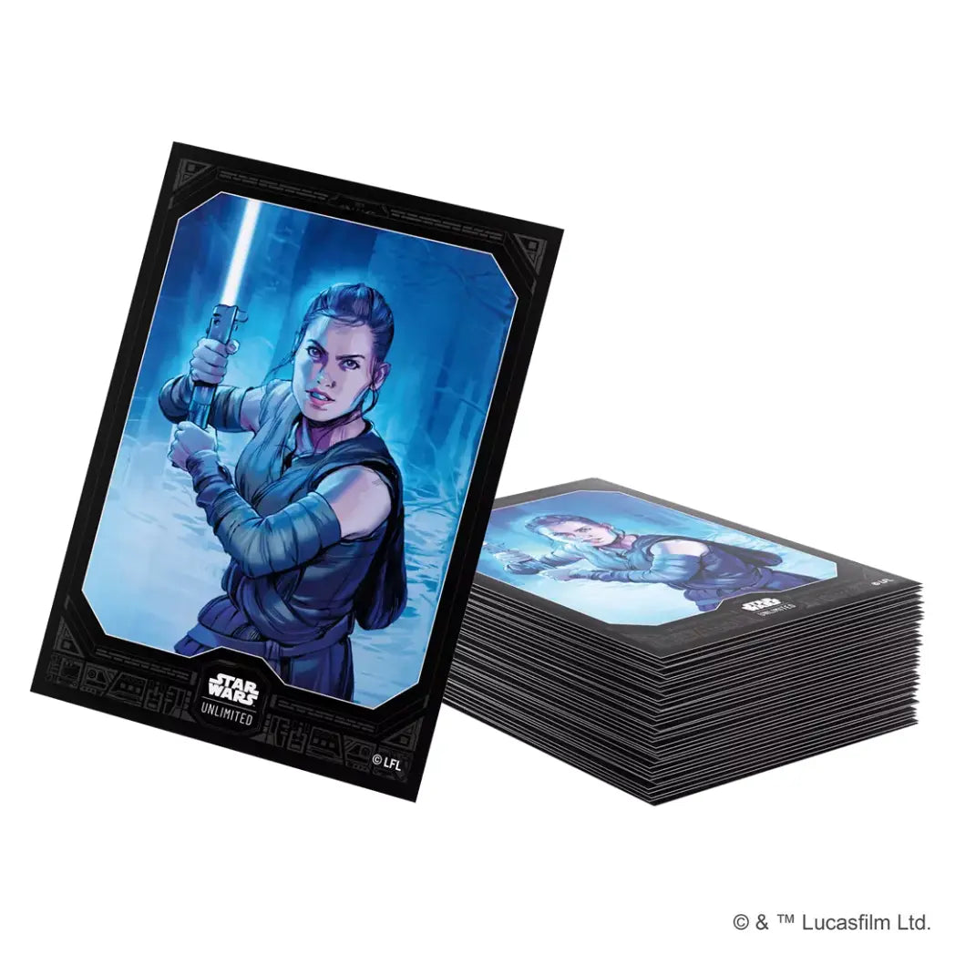 Star Wars: Unlimited art sleeves featuring a single card sleeve with Rey and a blue lightsaber standing in front of a stack of sleeves on a teal and blue background