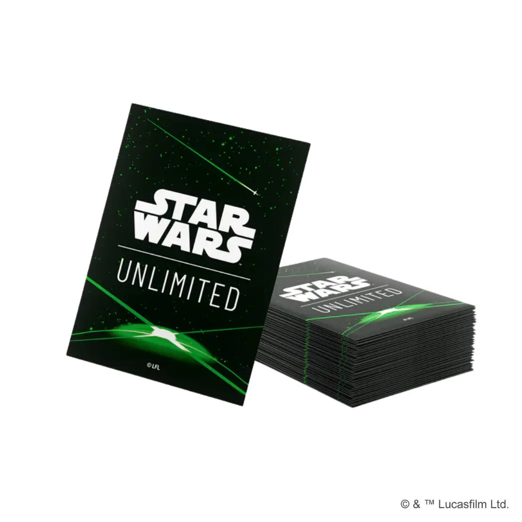 Stack of Star Wars: Unlimited card sleeves featuring a white logo on a green and black space background