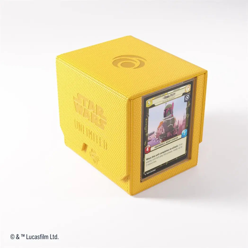 Yellow Deck Pod featuring a Boba Fett leader card in the side display slot and a textured honeycomb finish.