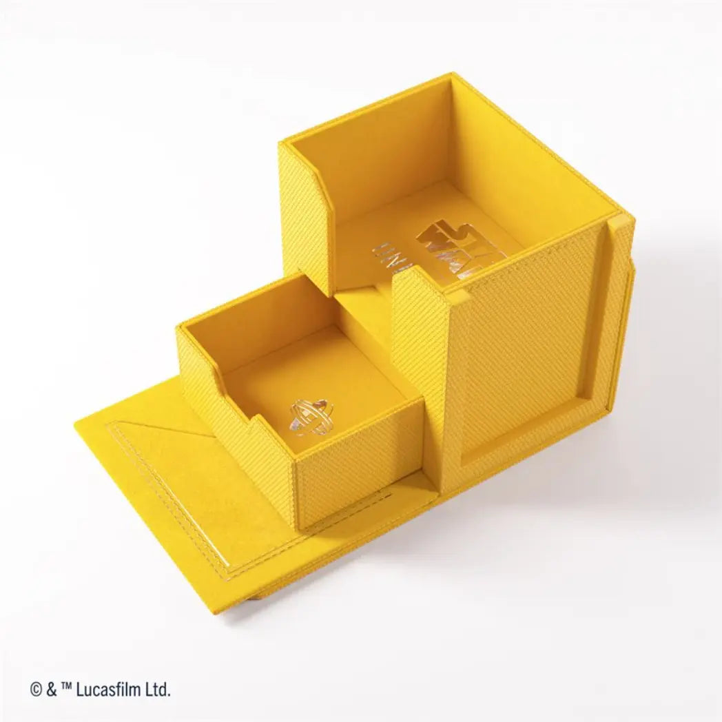 Yellow Deck Pod disassembled into three parts: the main card box, a removable lid, and a fold-out token drawer.