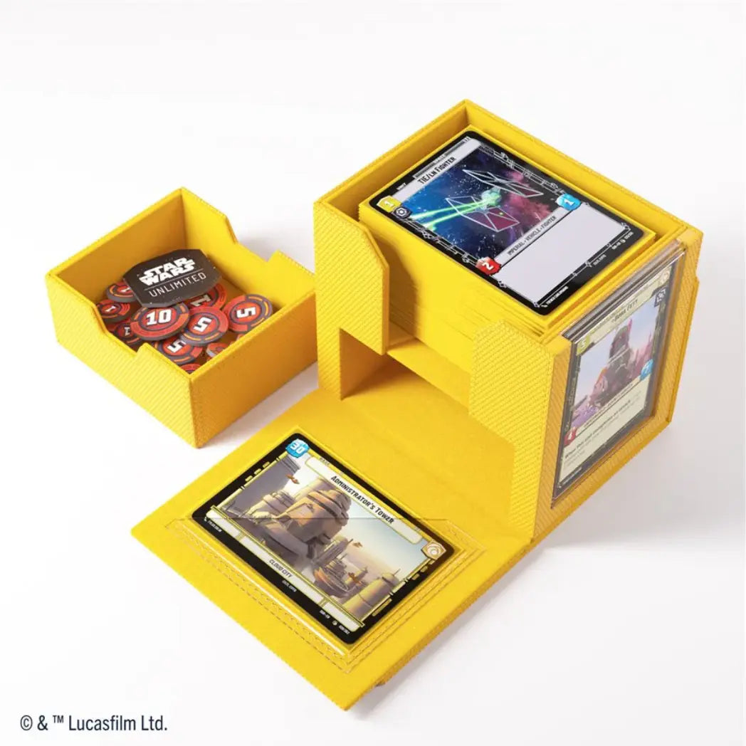 Yellow Deck Pod disassembled into three parts: the main card box, a removable lid, and a fold-out token drawer.