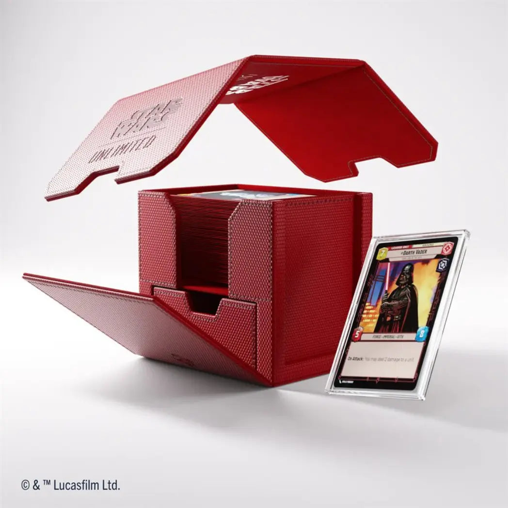 Red Deck Pod shown disassembled into three parts: the main card compartment, a removable lid, and a fold-out token drawer.