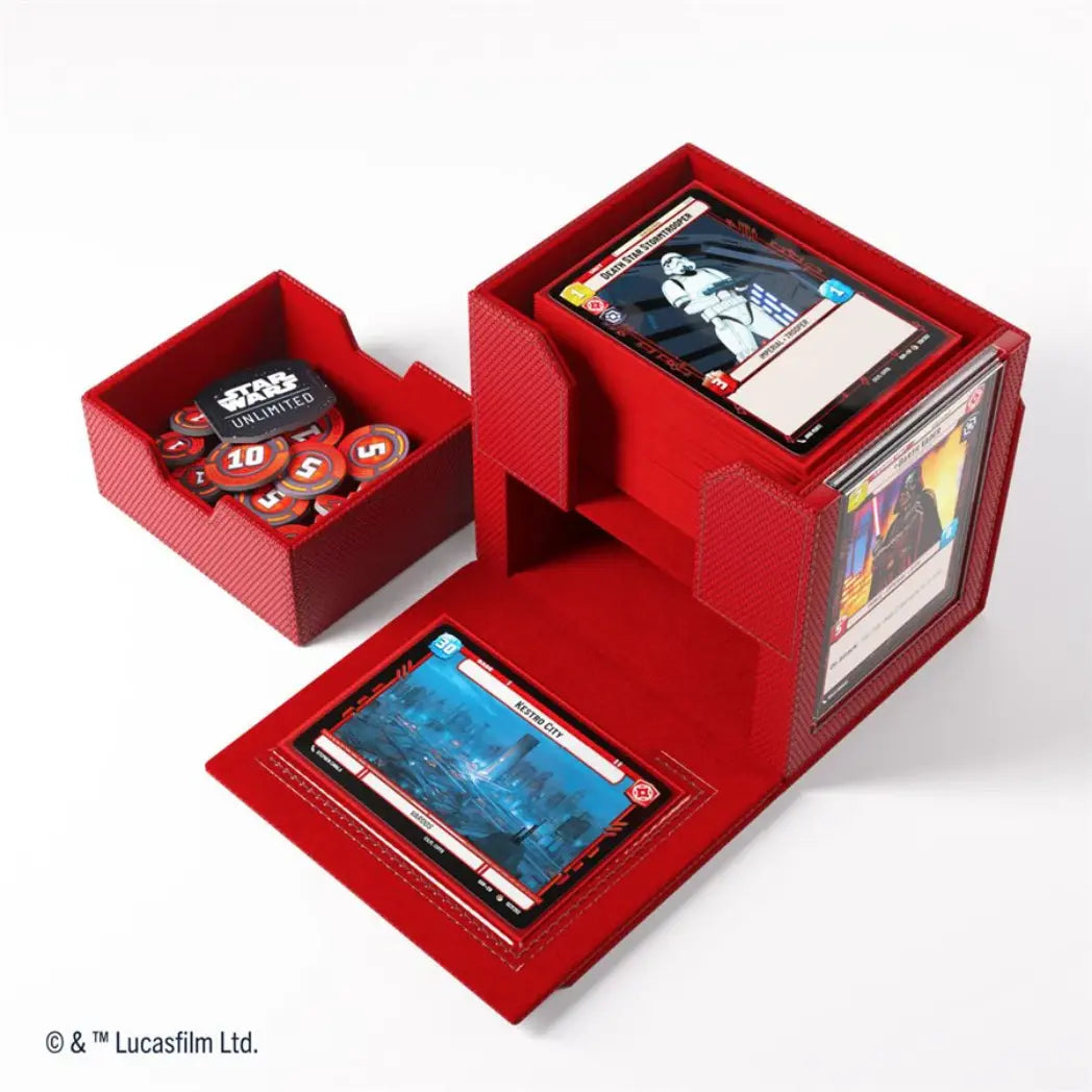 Red Deck Pod shown open with a stack of cards inside, a Darth Vader leader card in front, and a separate drawer for tokens.
