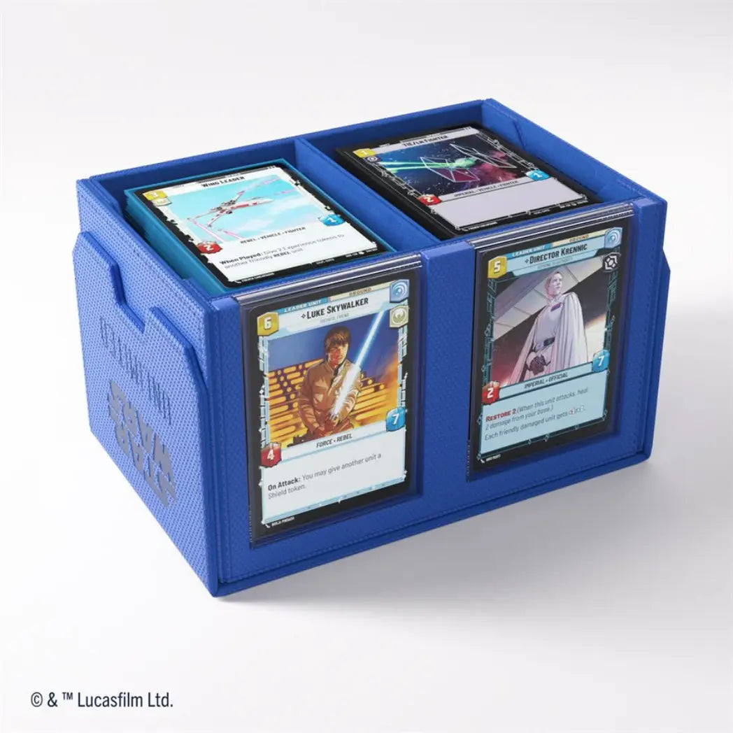 Blue Double Deck Pod featuring an open top revealing two card compartments and a textured honeycomb finish.