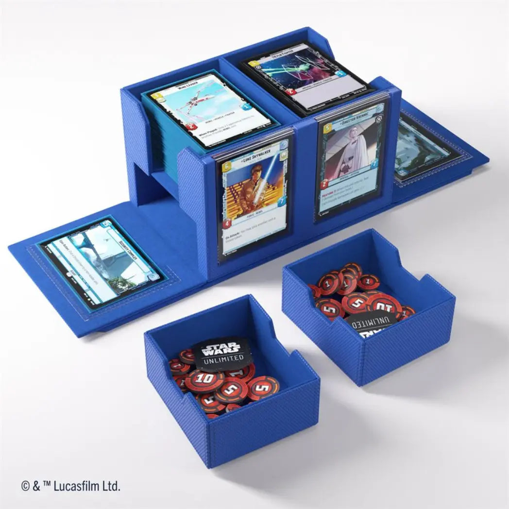Blue Double Deck Pod fully open with two card stacks, two token drawers, and three display cards on the base.