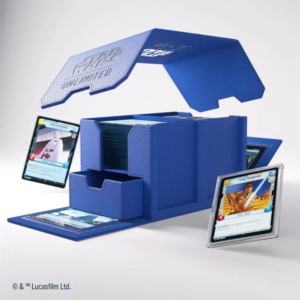 Blue Double Deck Pod disassembled into three parts: the main card box, a removable lid, and a fold-out token drawer.