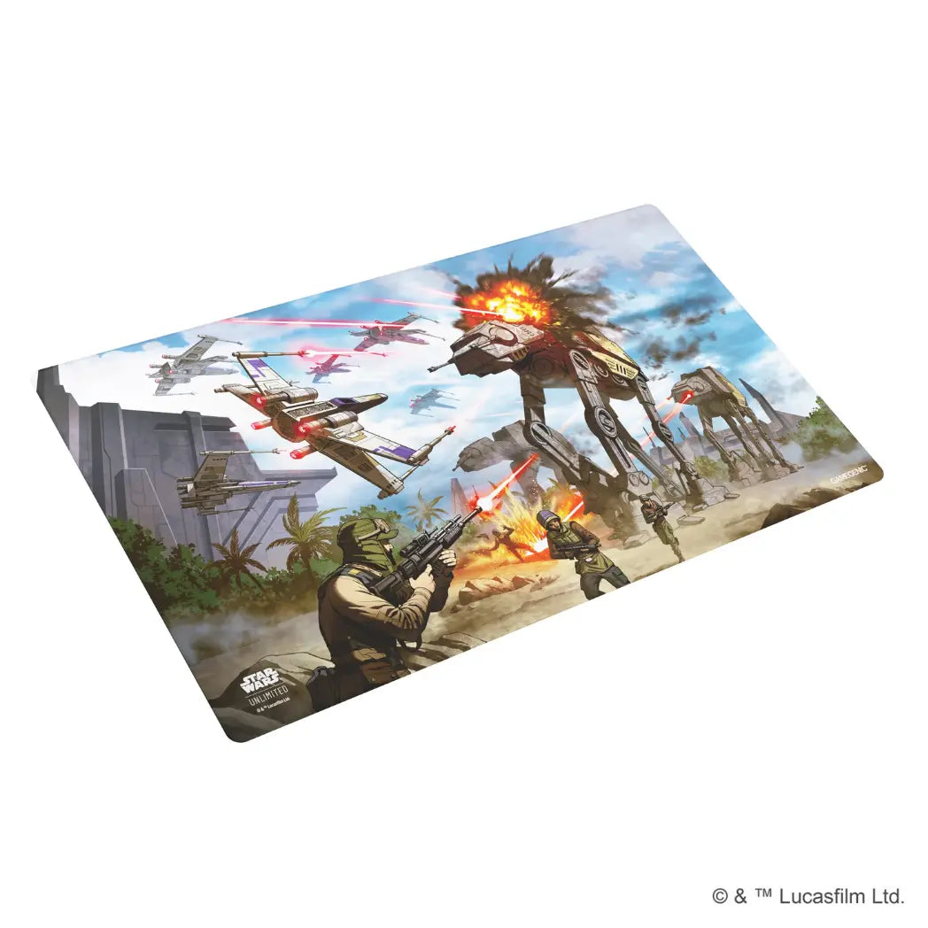 Star Wars: Unlimited game mat featuring the Battle of Scarif with X-wings and AT-ATs on a blue and white background