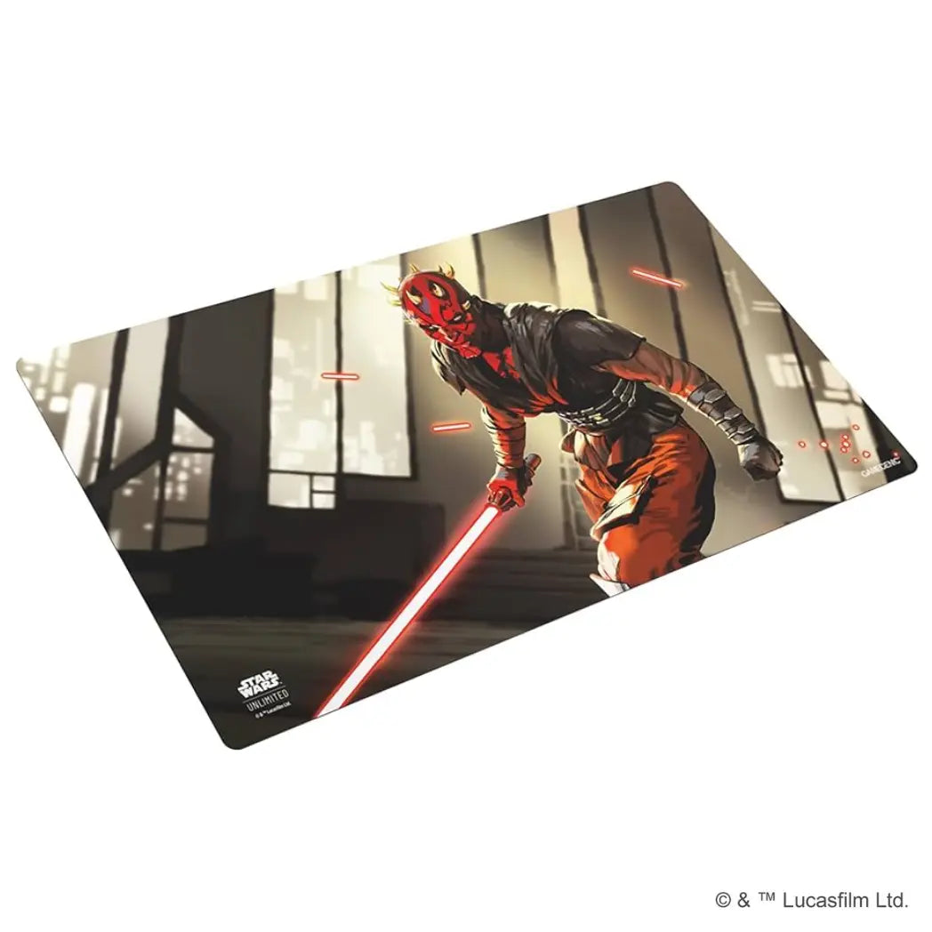 Star Wars: Unlimited game mat featuring Darth Maul on a tan and black background.