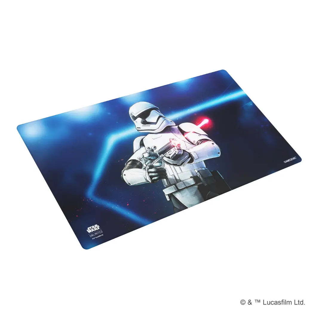 Star Wars: Unlimited game mat featuring a First Order Stormtrooper on a blue and black background