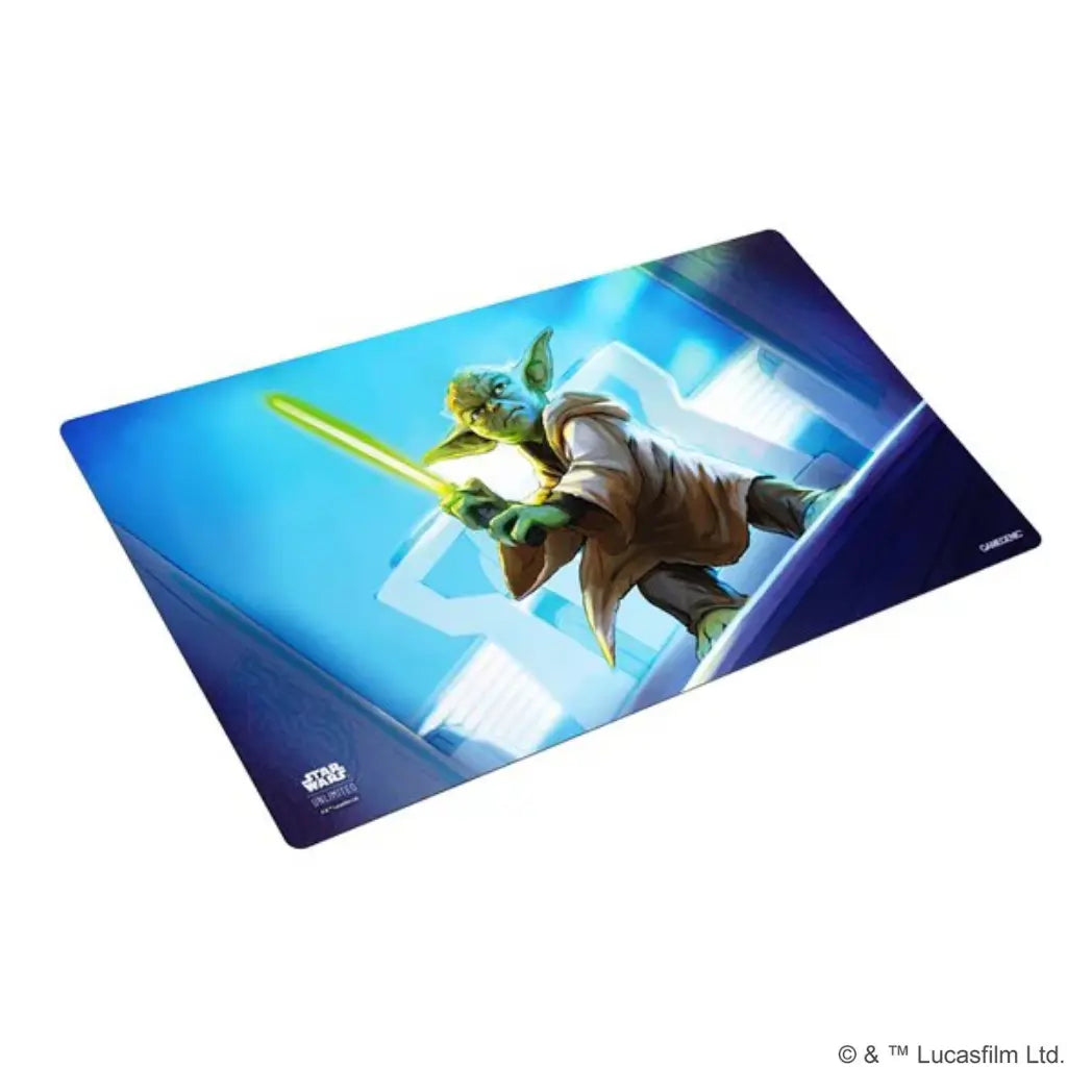 Star Wars: Unlimited game mat featuring Yoda on a blue and white background
