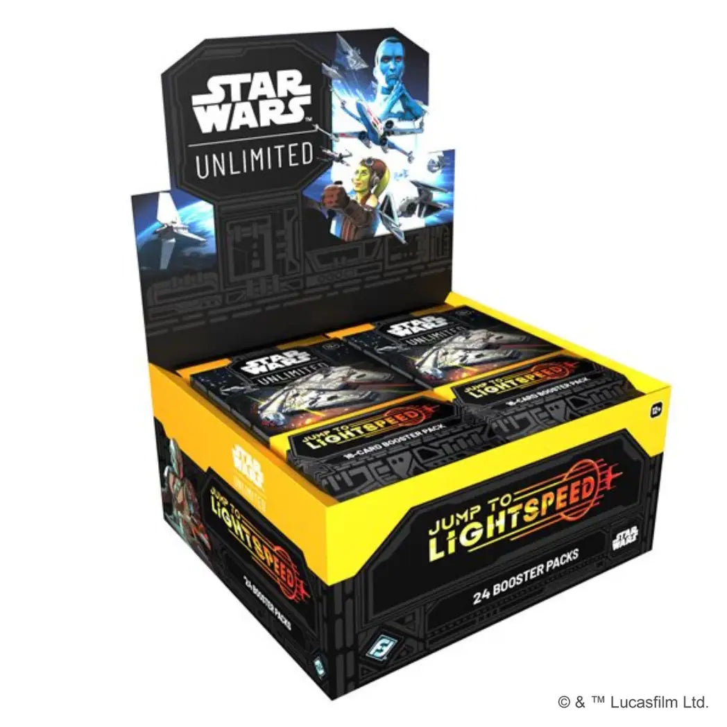 Star Wars: Unlimited - Jump to Lightspeed booster box featuring Grand Admiral Thrawn and Hera Syndulla on a blue and yellow background