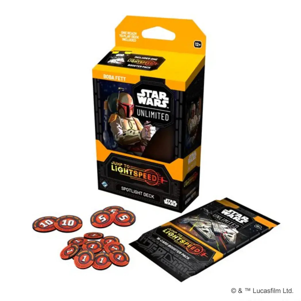 Star Wars: Unlimited - Jump to Lightspeed Spotlight Deck box, 18-card booster pack, and damage tokens featuring Boba Fett on a yellow and black background