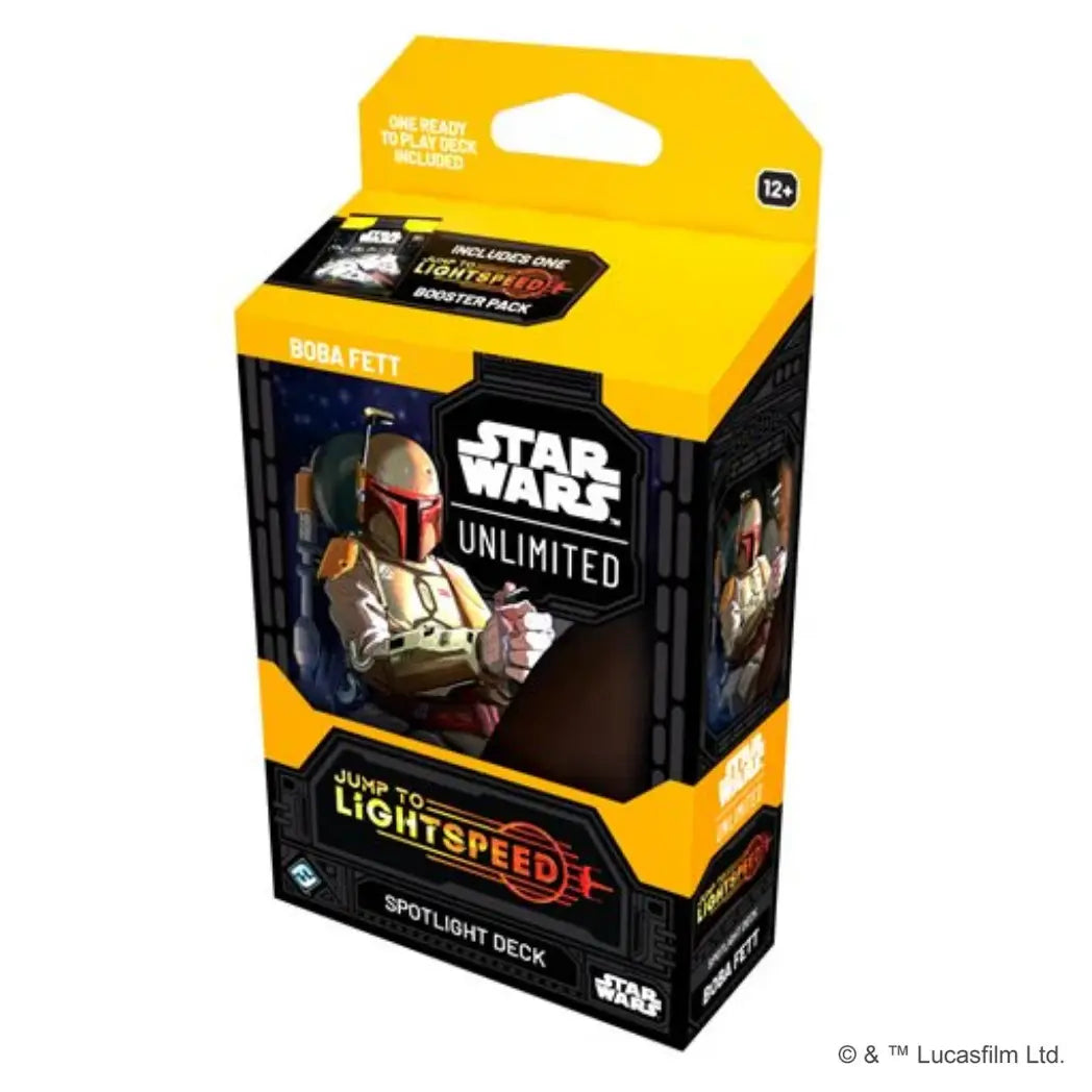 Star Wars: Unlimited - Jump to Lightspeed Spotlight Deck box featuring Boba Fett on a yellow and black background