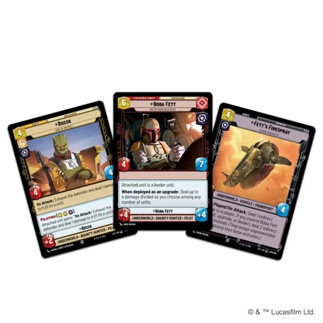Star Wars: Unlimited - Jump to Lightspeed cards featuring Bossk, Boba Fett, and Fett’s Firespray on a white background