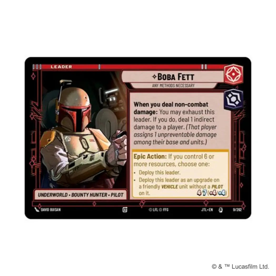 Star Wars: Unlimited - Jump to Lightspeed Boba Fett leader card on a red and black background