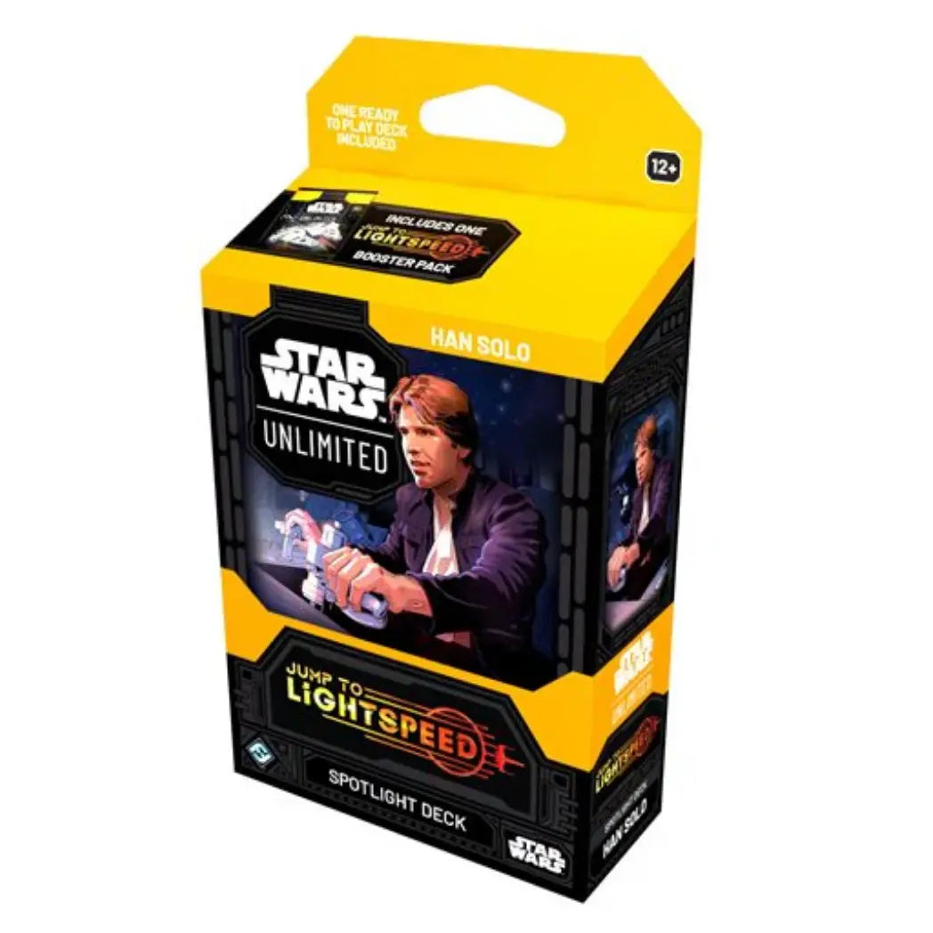 Star Wars: Unlimited - Jump to Lightspeed Spotlight Deck box featuring Han Solo on a yellow and black background