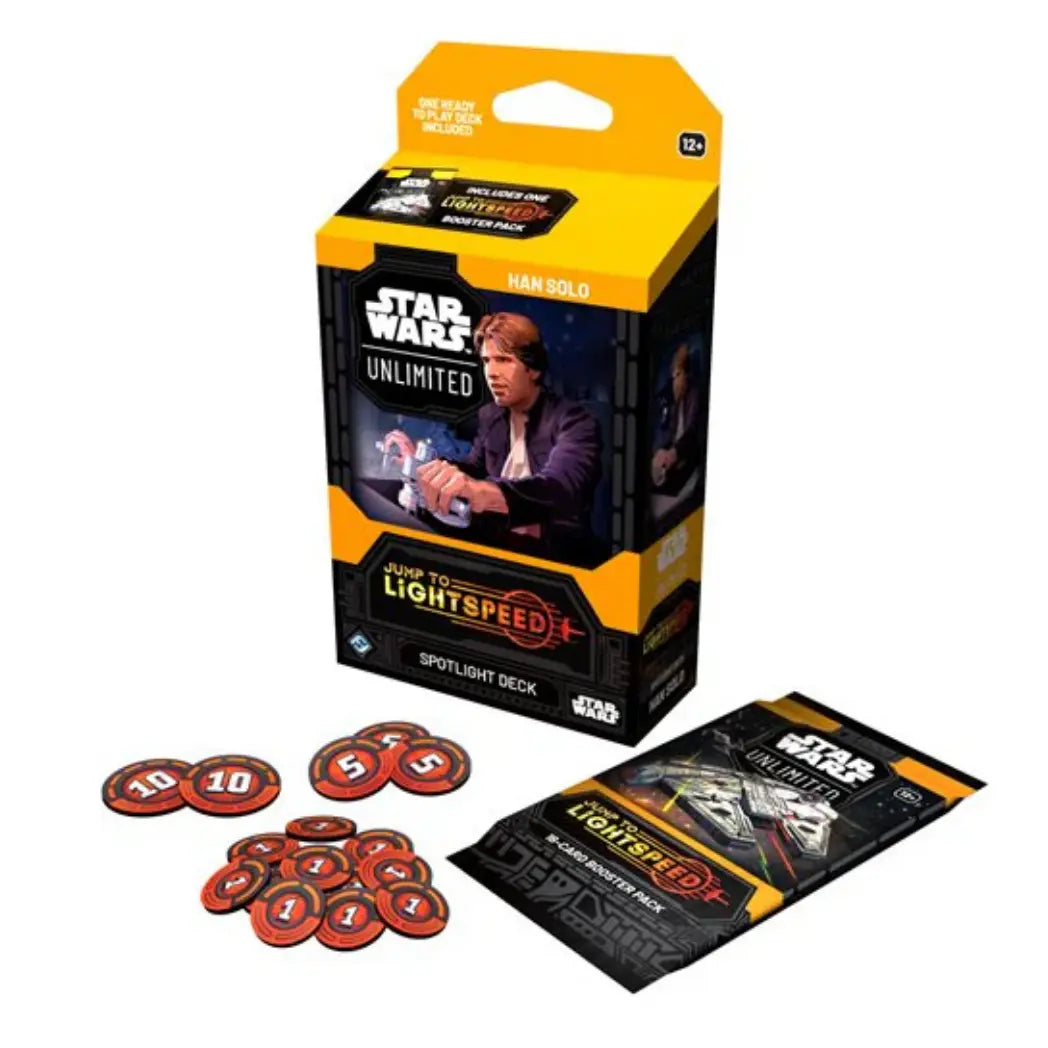 Star Wars: Unlimited - Jump to Lightspeed Spotlight Deck box featuring Han Solo, an 18-card booster pack, and damage tokens on a yellow and black background