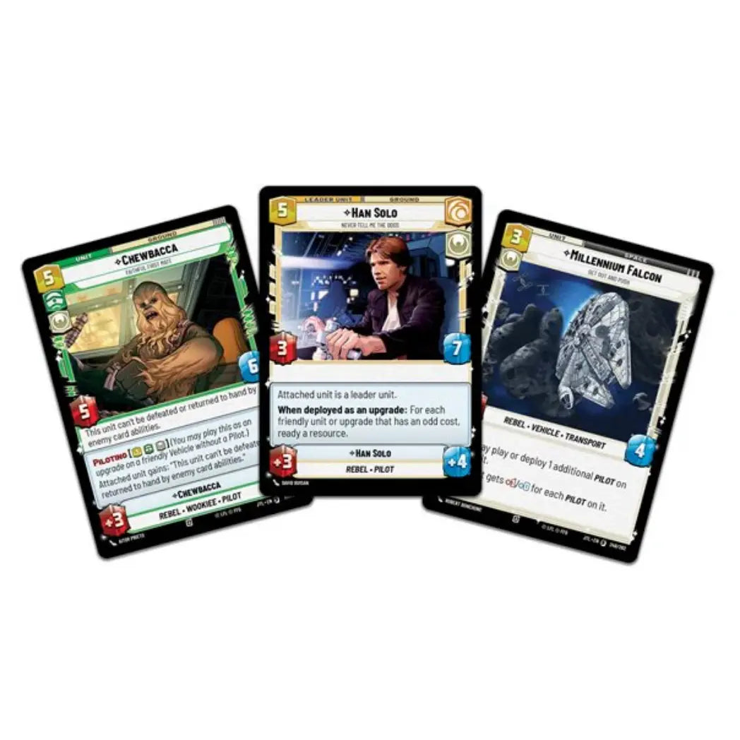 Star Wars: Unlimited - Jump to Lightspeed cards featuring Chewbacca, Han Solo, and the Millennium Falcon on a white background