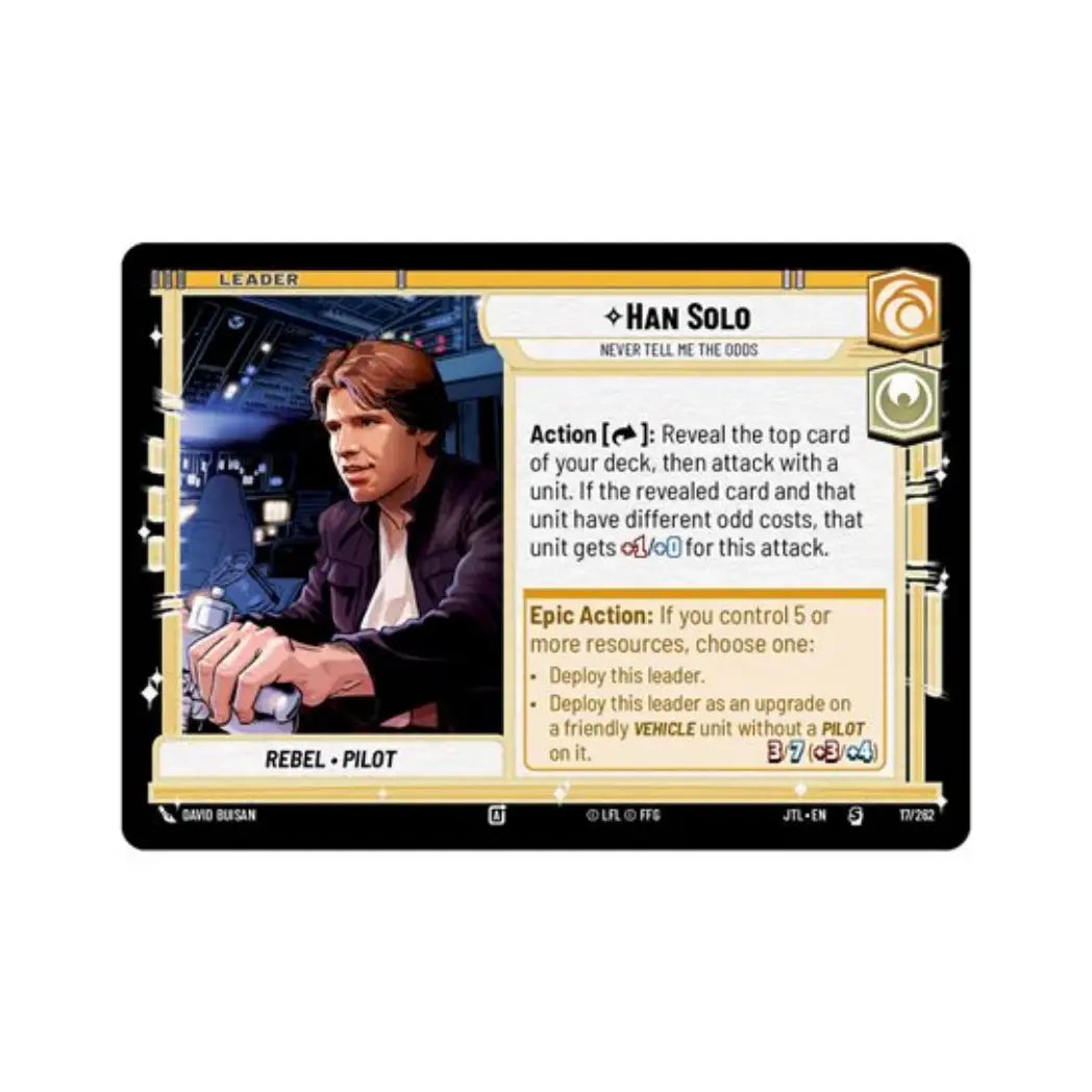 Star Wars: Unlimited - Jump to Lightspeed Han Solo leader card on a yellow and white background