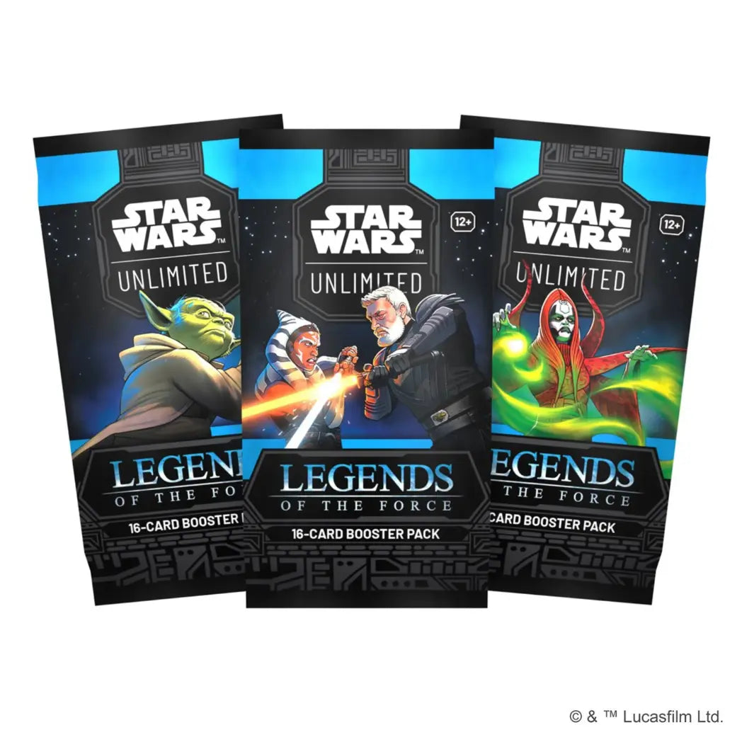 Star Wars: Unlimited - Legends of the Force booster packs featuring Yoda, Ahsoka Tano, Baylan Skoll, and Mother Talzin on a blue and black background