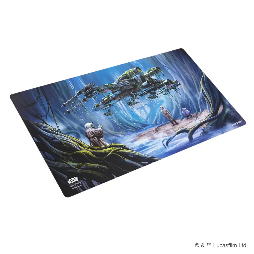 Star Wars: Unlimited game mat featuring Yoda, Luke Skywalker, and R2-D2 on a blue and green background