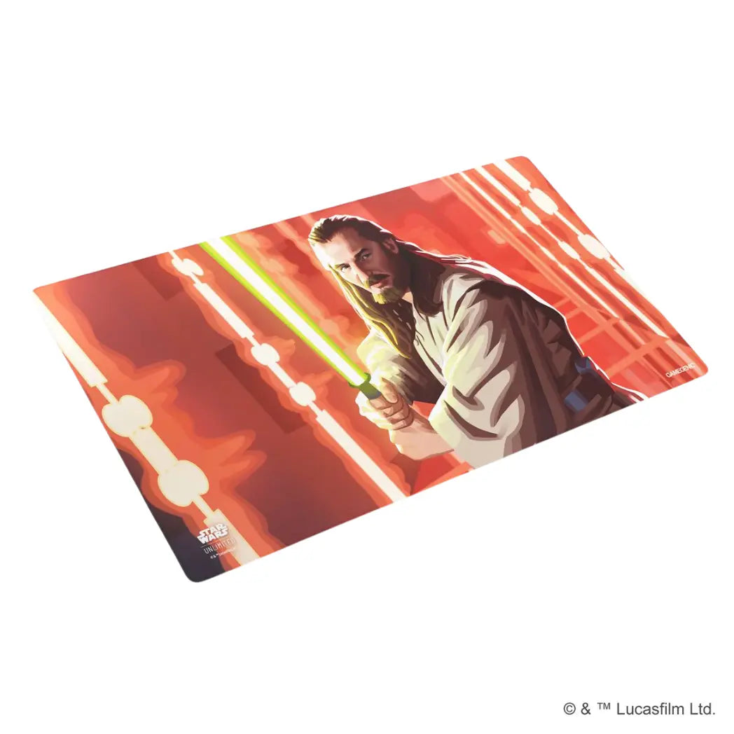 Star Wars: Unlimited game mat featuring Qui-Gon Jinn on a red and orange and red background