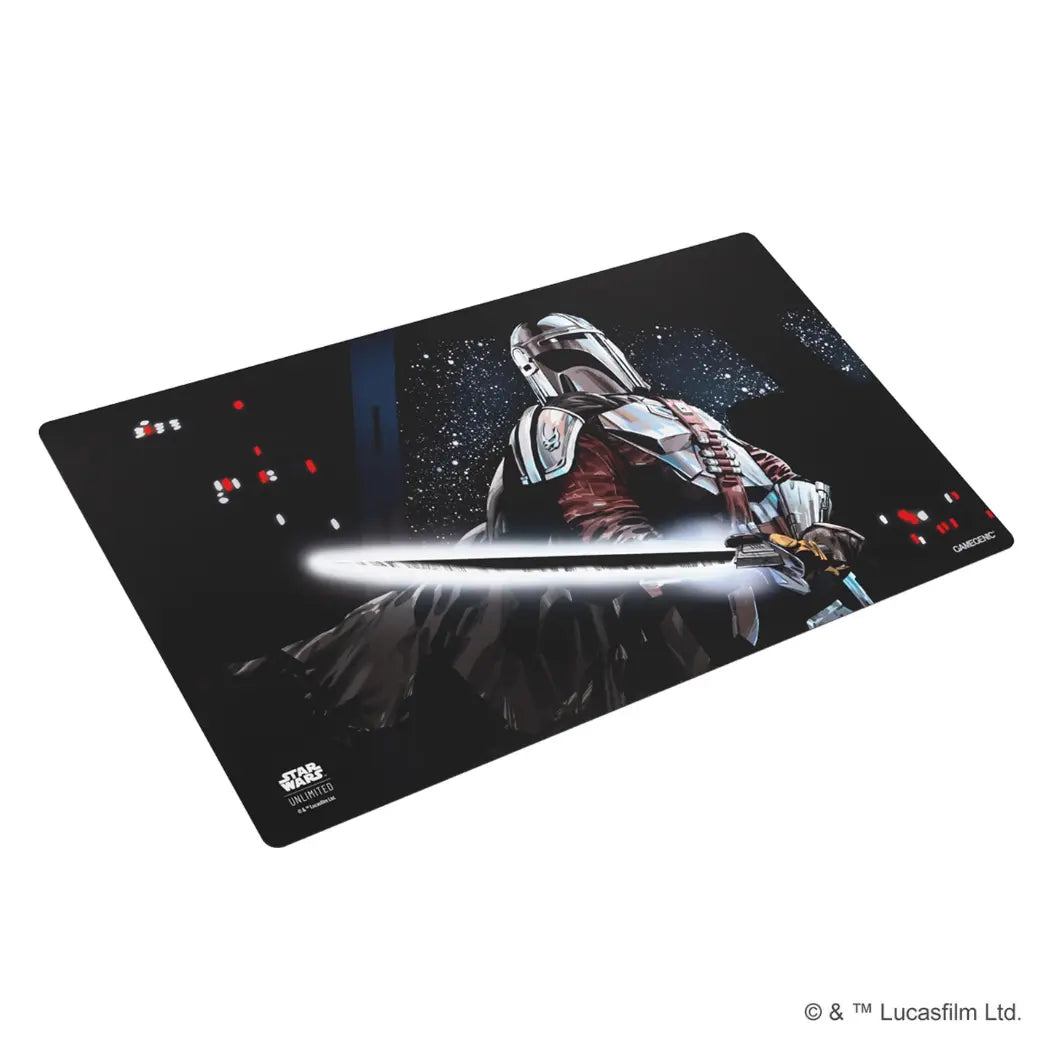 Star Wars: Unlimited game mat featuring The Mandalorian with the Darksaber on a black starry background