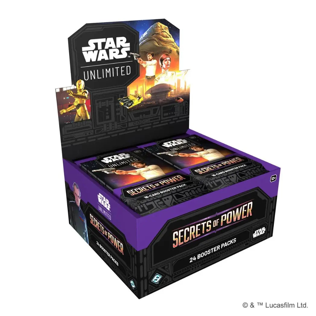 Star Wars: Unlimited - Secrets of Power booster box featuring Jabba the Hutt, Cassian Andor, and Mon Mothma on a purple background