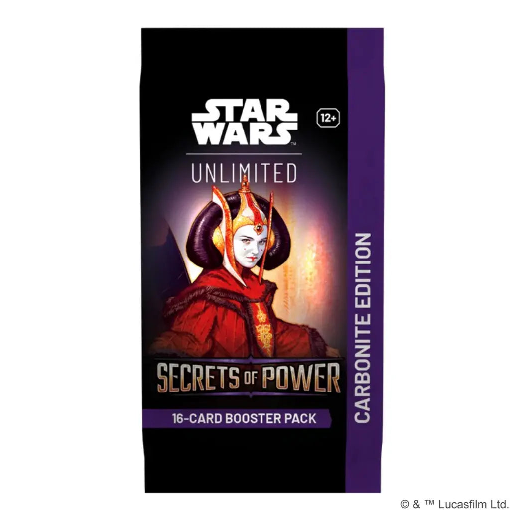Star Wars: Unlimited - Secrets of Power Carbonite Edition booster pack featuring Queen Amidala on a purple and black background