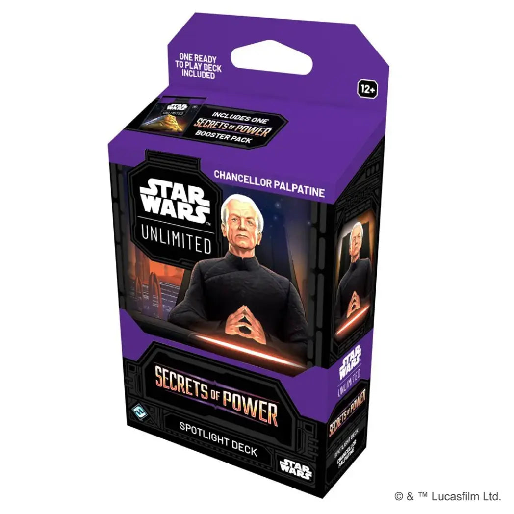 Star Wars: Unlimited - Secrets of Power Spotlight Deck box featuring Chancellor Palpatine on a purple and black background