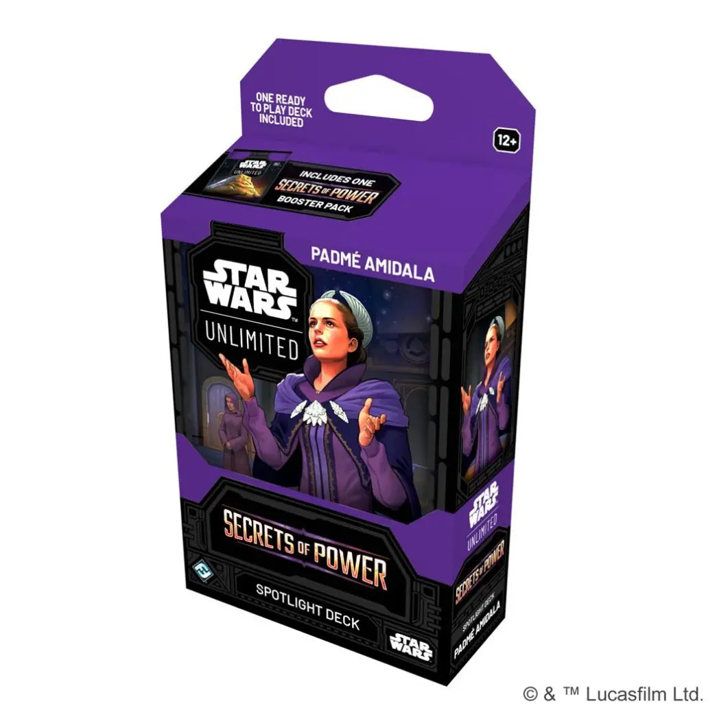 Star Wars: Unlimited - Secrets of Power Spotlight Deck box featuring Padmé Amidala on a purple and black background