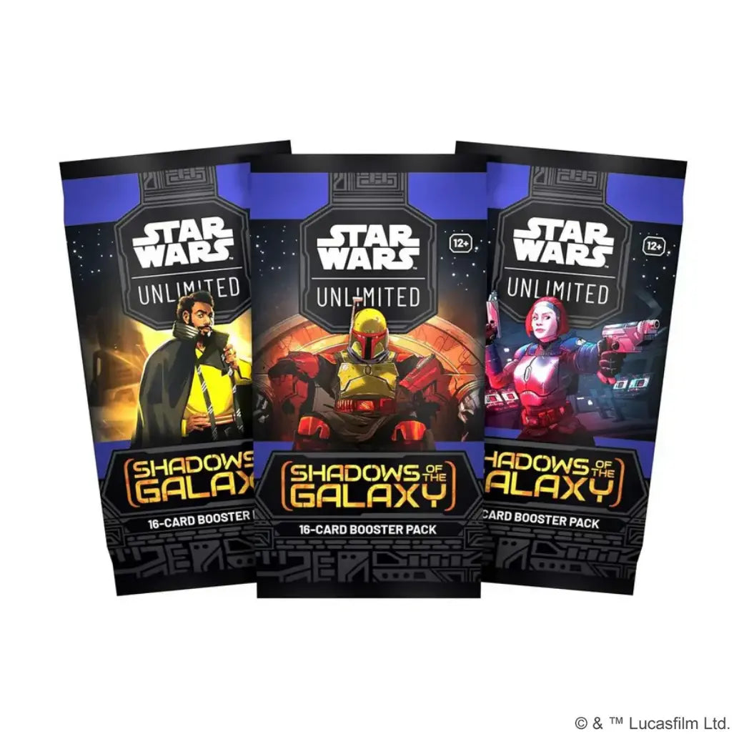 Three Shadows of the Galaxy booster packs featuring Lando Calrissian, Boba Fett, and Bo-Katan Kryze on purple and black backgrounds.