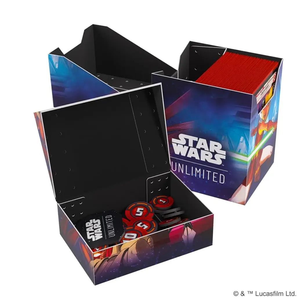 Ahsoka Tano Soft Crate set featuring an open deck box filled with red sleeved cards and a smaller open token box containing game tokens.