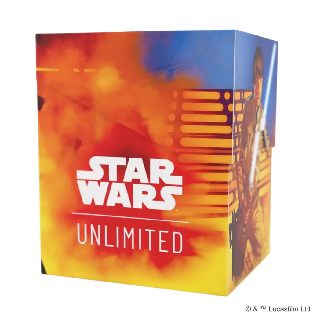 Luke Skywalker Soft Crate featuring the Star Wars Unlimited logo against a vibrant yellow, orange, and blue fiery background.