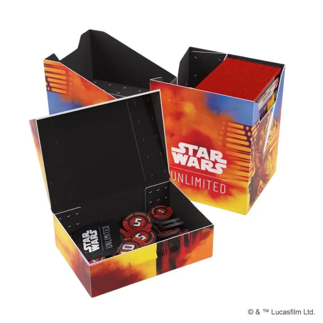 Luke and Vader Soft Crate set featuring an open deck box filled with red sleeved cards and a smaller token box containing game tokens.