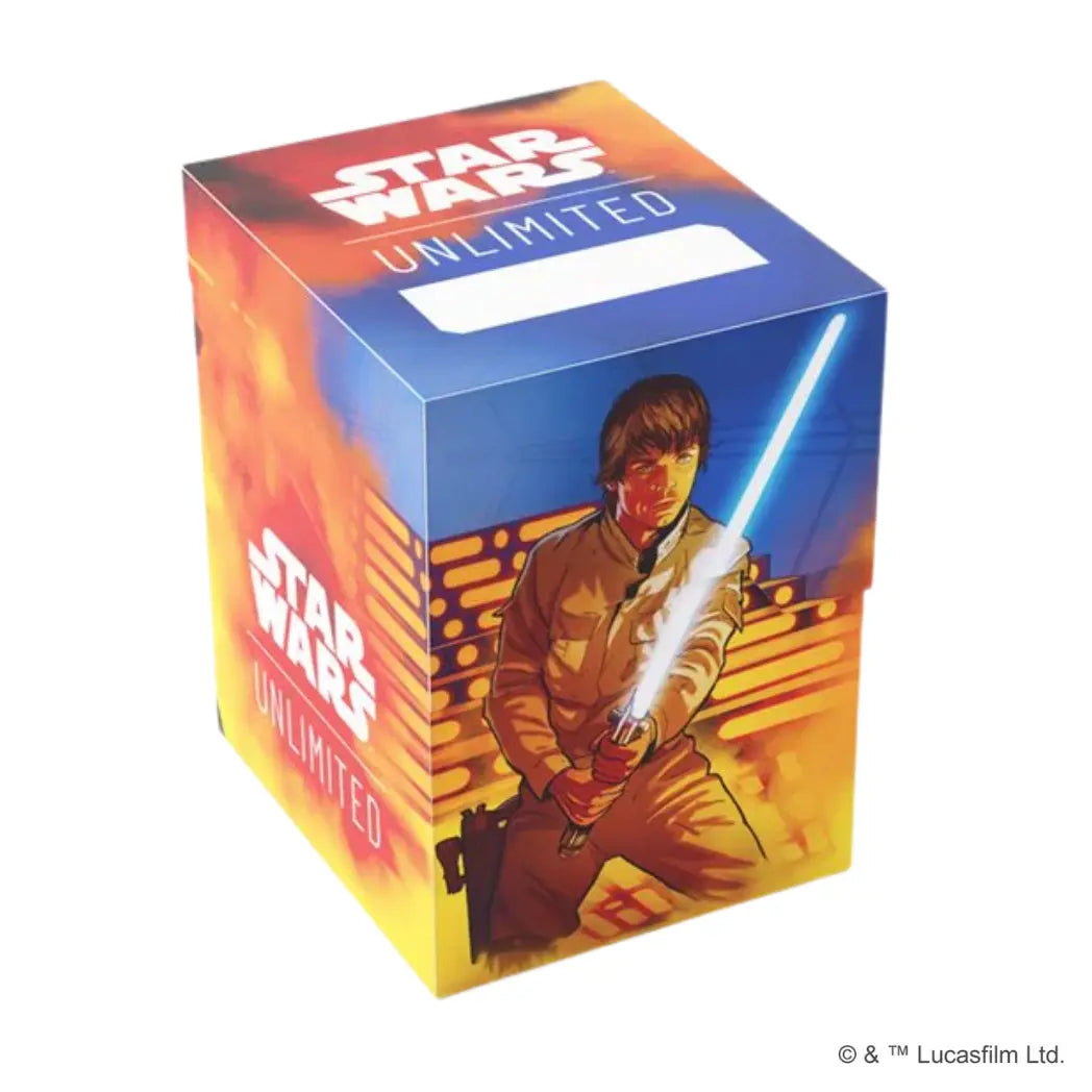 Luke Skywalker Soft Crate featuring Luke holding a glowing blue lightsaber against a vibrant yellow, orange, and blue background.