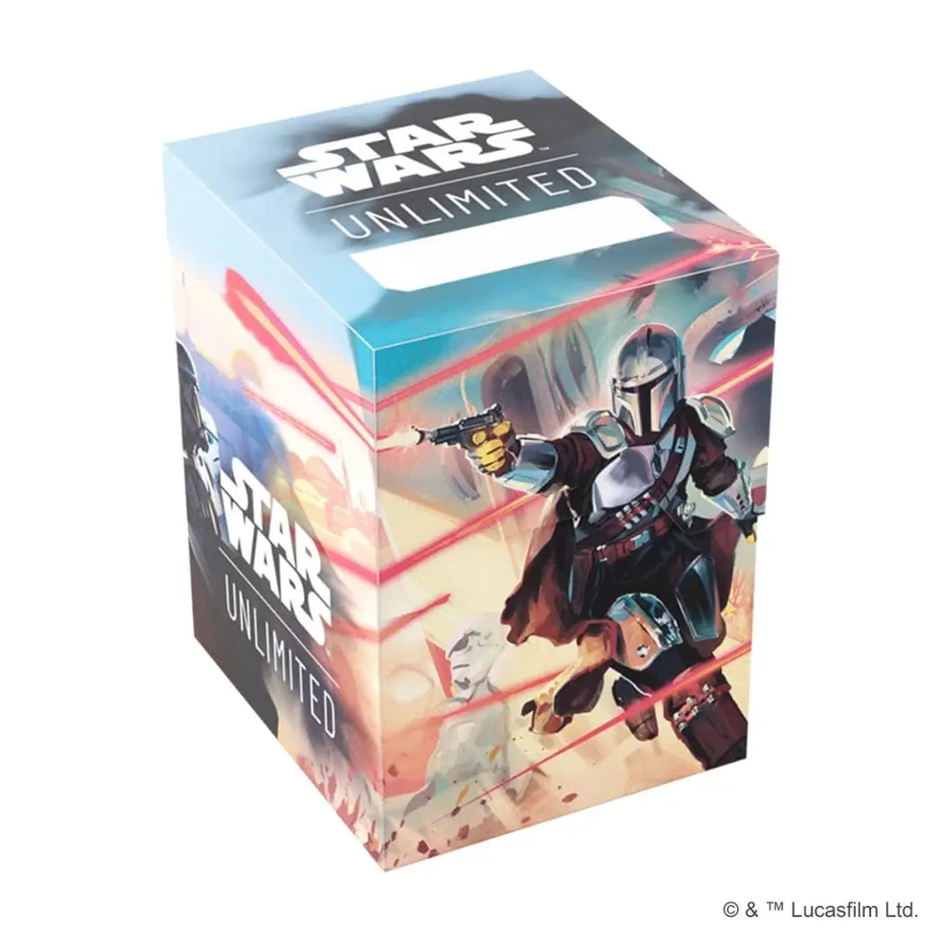 Moff Gideon Soft Crate. The Mandalorian fires his blaster against a tan and light blue desert background with red laser fire.