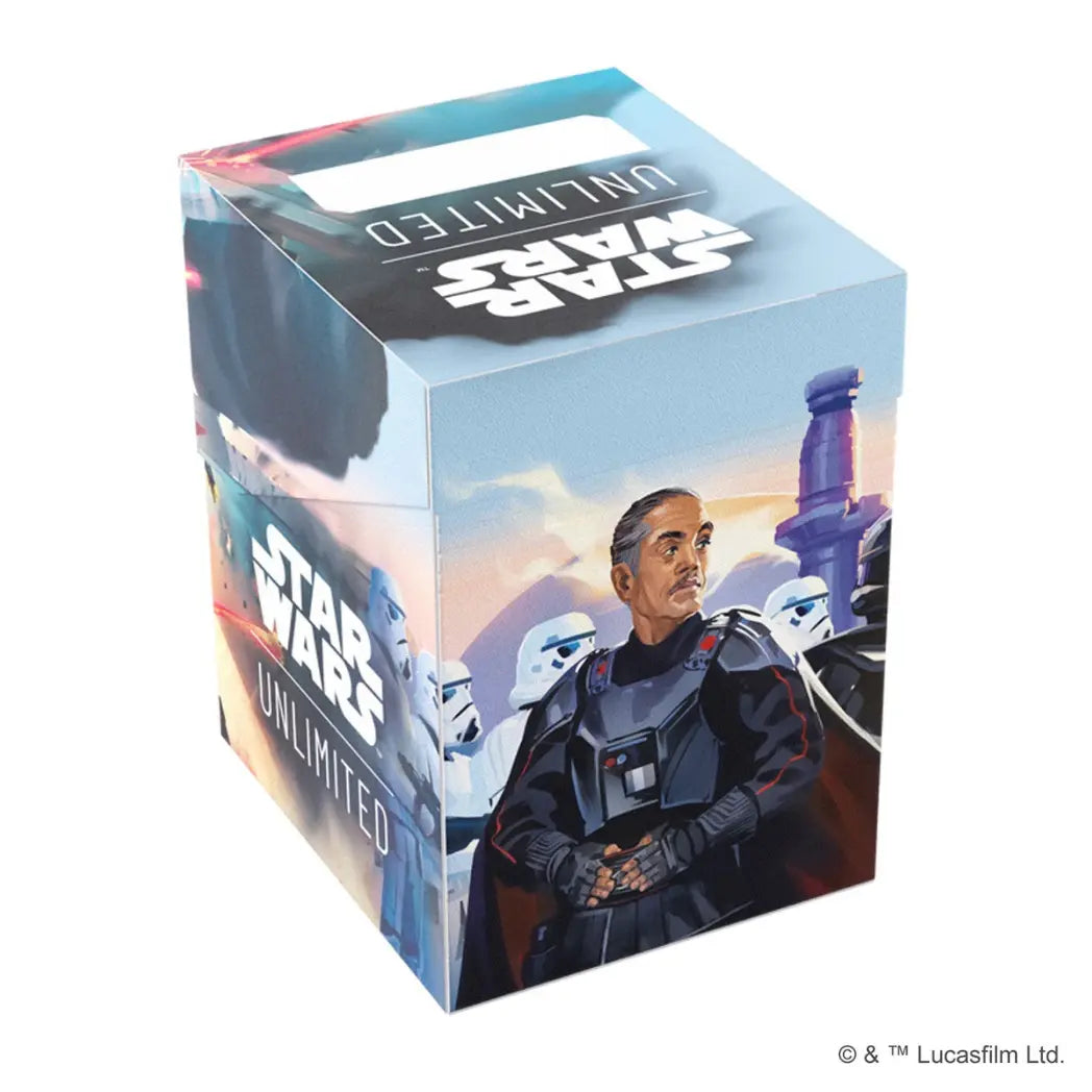 Moff Gideon Soft Crate. Moff Gideon stands with Imperial Shoretroopers against a light blue and tan landscape background.