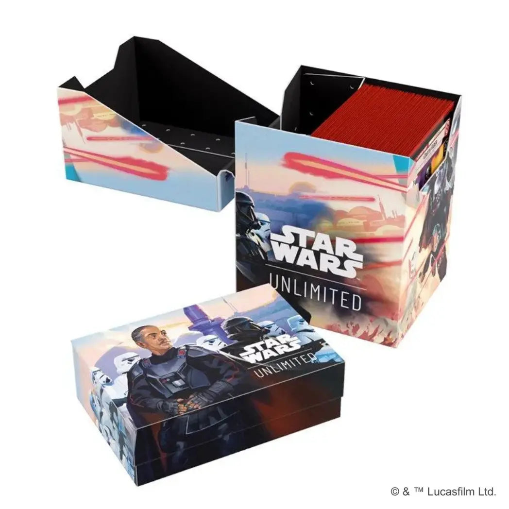 Din Djarin Soft Crate set. An open deck box and a smaller token box feature the Mandalorian and Moff Gideon on desert backgrounds.