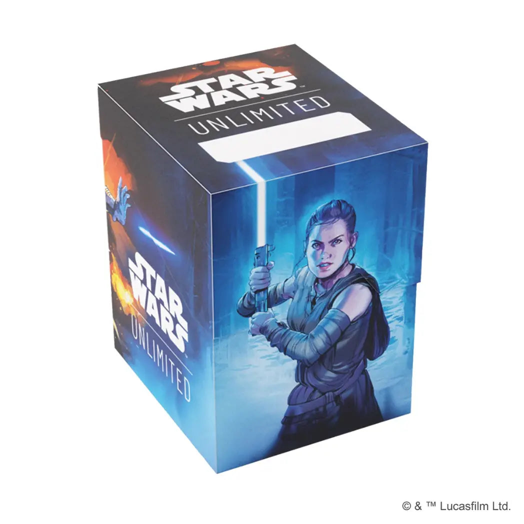 Rey and Kylo Ren Soft Crate. Rey holds a blue lightsaber against a blue snowy forest background
