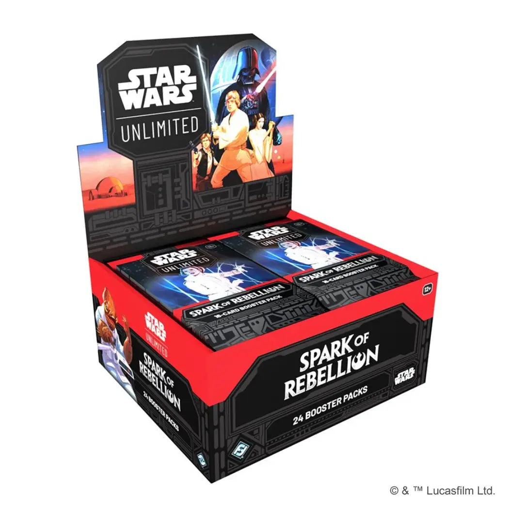 Spark of Rebellion booster box. Luke Skywalker and Darth Vader on a black, blue, and orange background with characters.