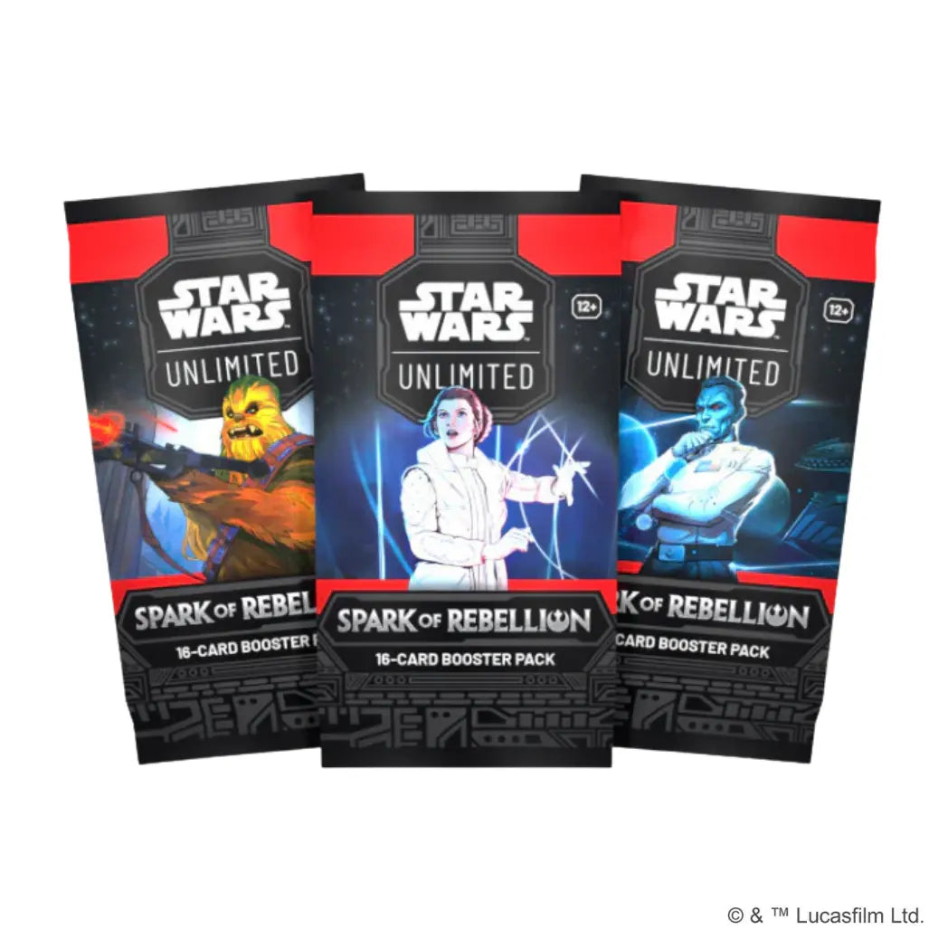 Three Spark of Rebellion booster packs featuring Chewbacca, Leia Organa, and Grand Admiral Thrawn on space backgrounds.