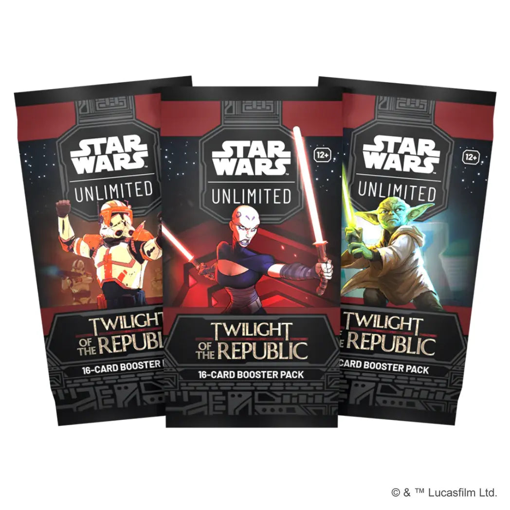 Star Wars: Unlimited - Twilight of the Republic booster packs featuring Captain Rex, Asajj Ventress, and Yoda on a red and black background