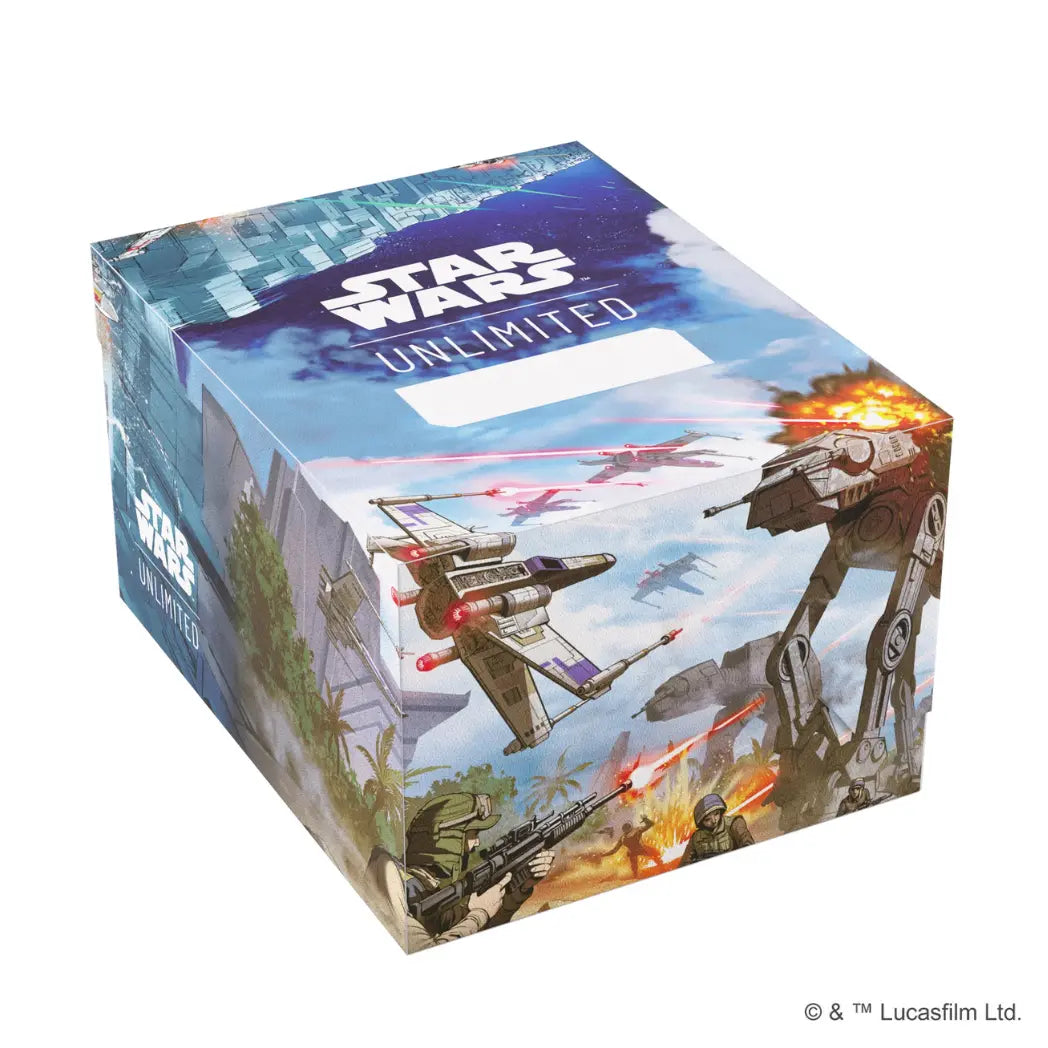 Battle of Scarif Twin Sun Soft Crate. Rebels, X-wings, and an AT-ACT engage in battle against a blue and white sky.
